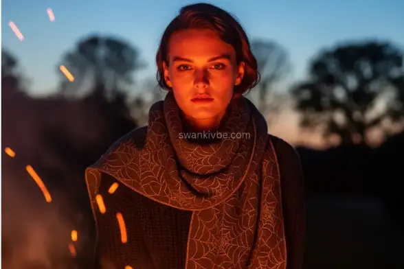A model in a charcoal sweater and olive skirt sits by a bonfire, wearing a scarf with spiderweb details, capturing Halloween’s moody essence.