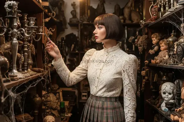  A model in a high-neck blouse and plaid skirt, accessorized with a skeleton-hand hairpin, browses a creepy antique shop for a vintage-macabre look.