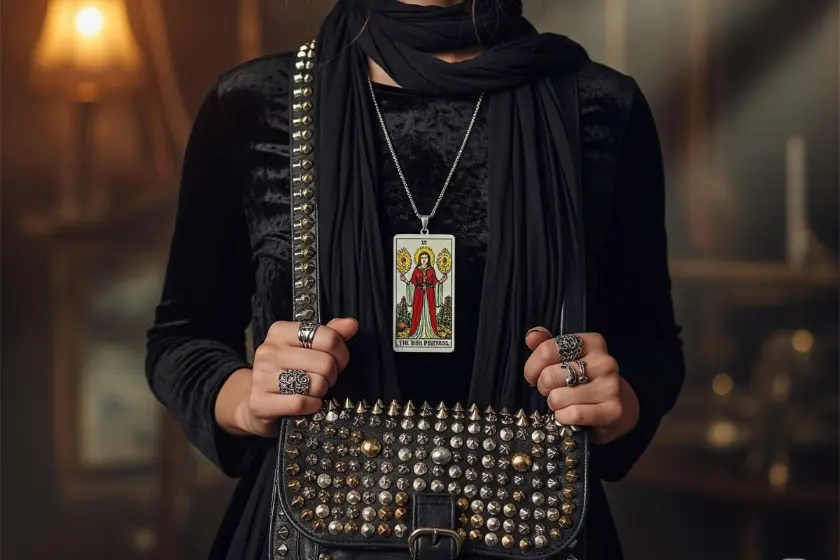  A close-up of a tarot card pendant and a studded bag on a velvet table, showcasing occult-inspired fall accessories.