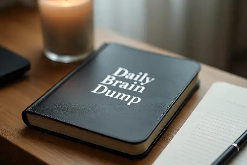 Brain dump journal placed in a cozy daily ritual setting, inviting peace and reflection.