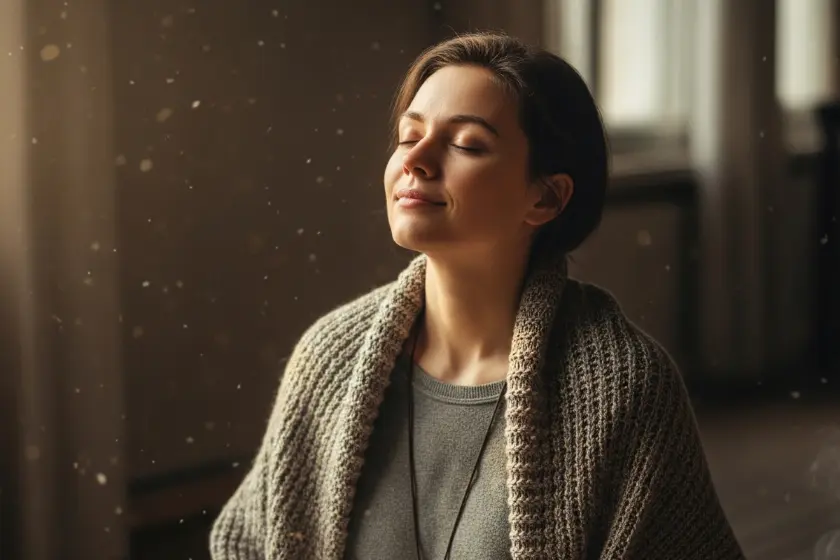 Person feeling calm and relaxed after a brain dump session, showing mental clarity and relief.