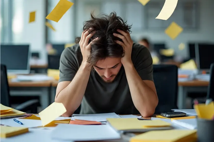 Overwhelmed person surrounded by notes and cluttered thoughts representing mental overload.