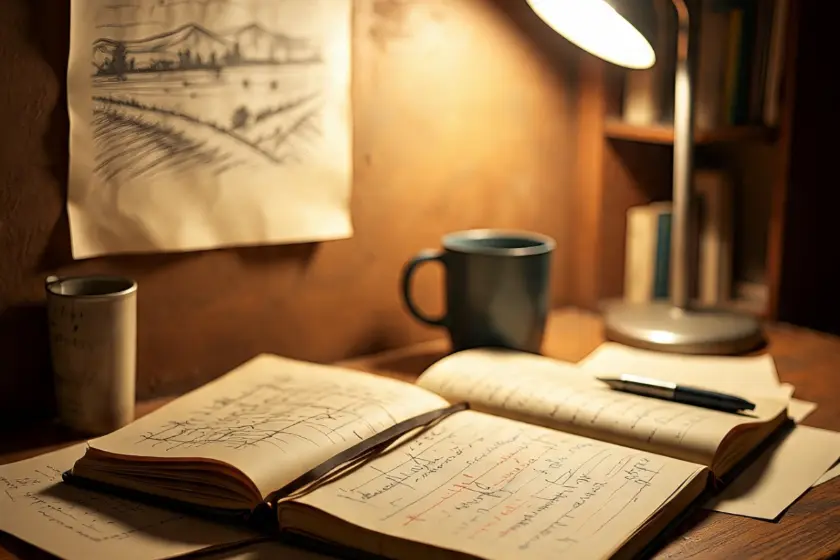 Notebook with scattered thoughts scribbled across pages symbolizing a brain dump in progress.
