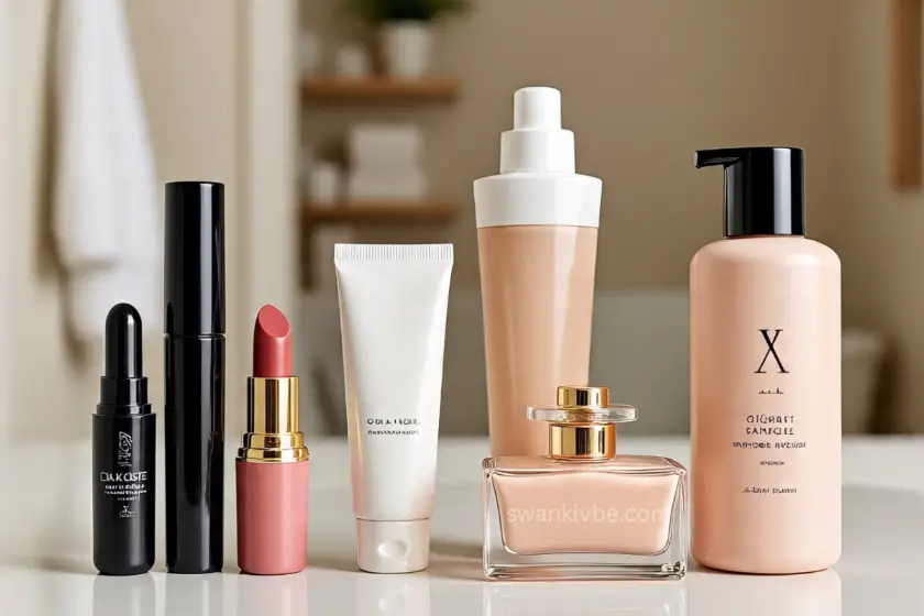 Collection of skincare and makeup sachets and mini jars.