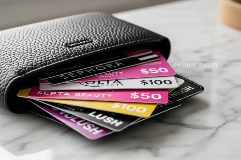 Beauty store gift cards in a wallet.