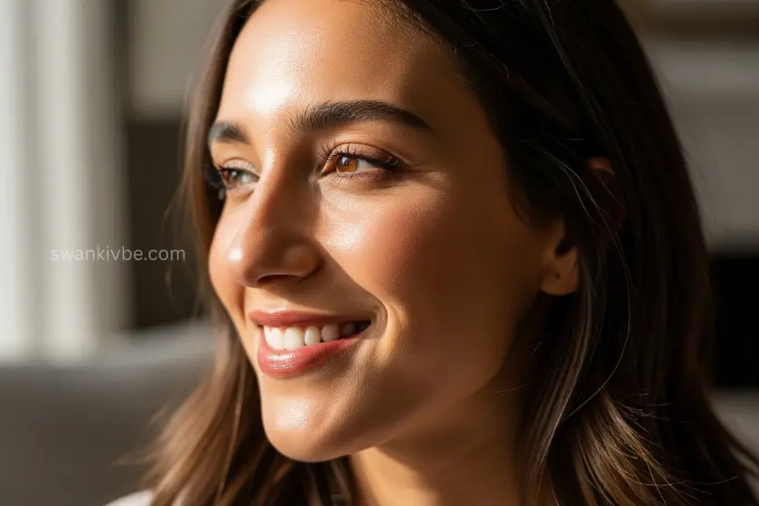 Woman smiling in natural light with minimal makeup and glowing skin.