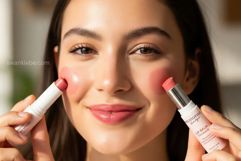 A tinted lip balm being used as blush and lip color.