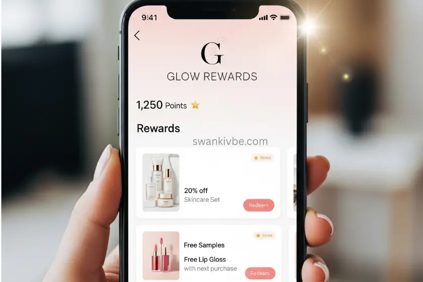 Phone screen displaying a beauty brand loyalty app.