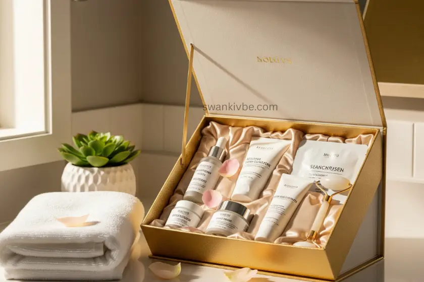 Skincare gift set box opened on a bathroom counter.