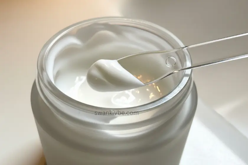 Small cosmetic spatula scraping lotion from the bottom of a jar.
