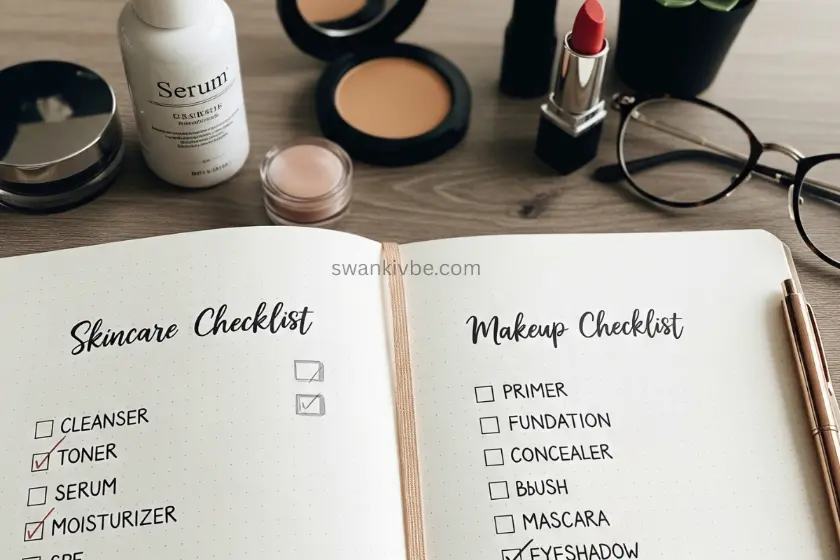 Checklist of skincare and makeup items on a journal.