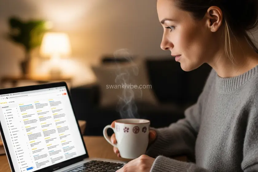 Woman reading online reviews on a laptop.