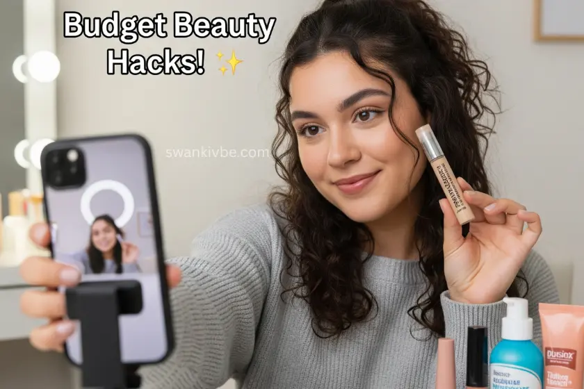 Influencer sharing budget beauty tips on social media.