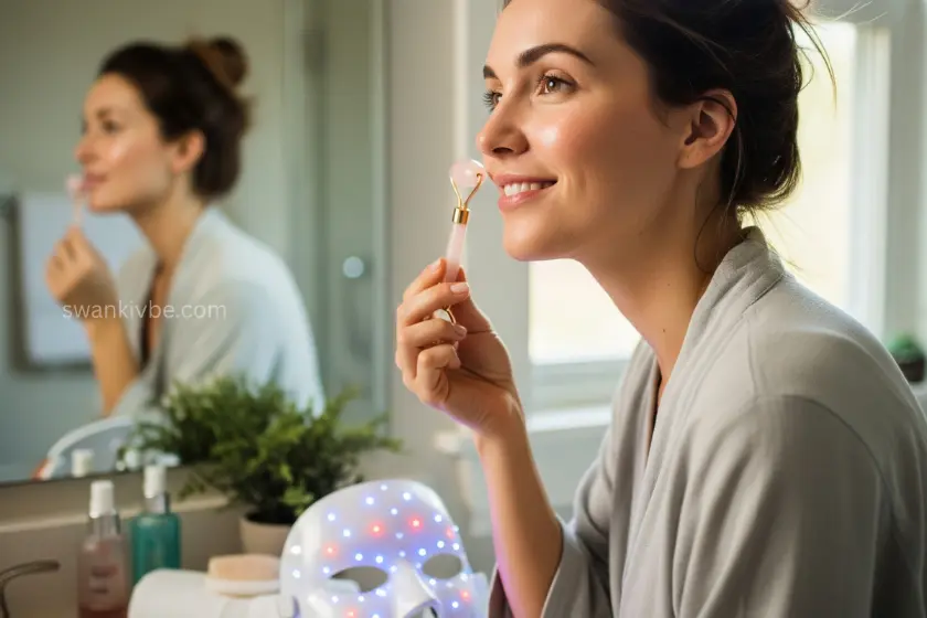 Woman using a facial roller or LED mask at home.
