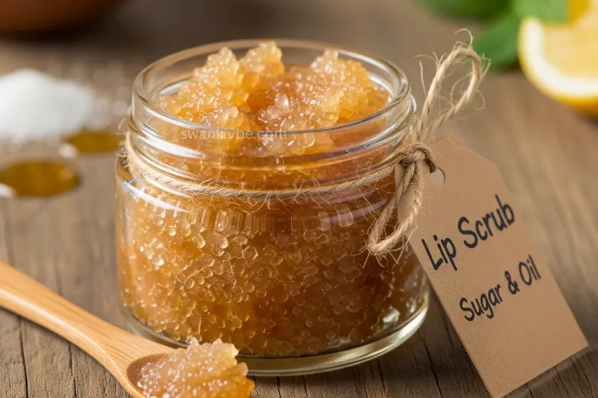  DIY lip scrub made with sugar and oils in a small jar.