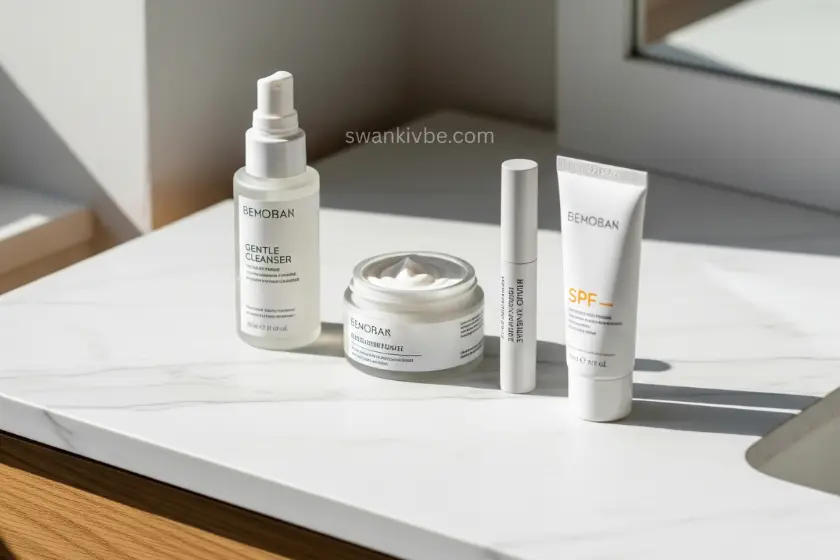Minimalist beauty routine with 3–4 essential products.