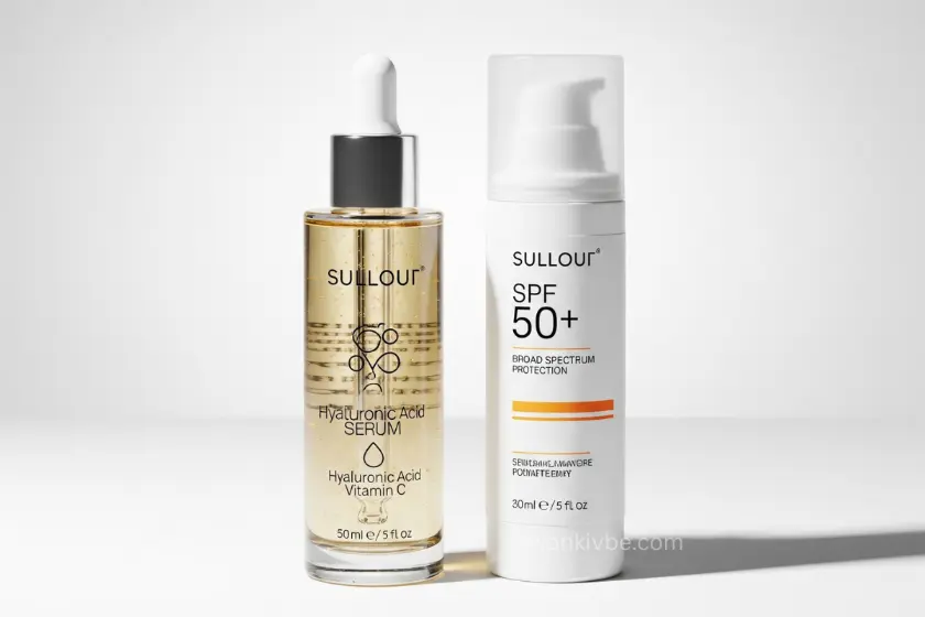 Skincare serum and SPF as hero products.