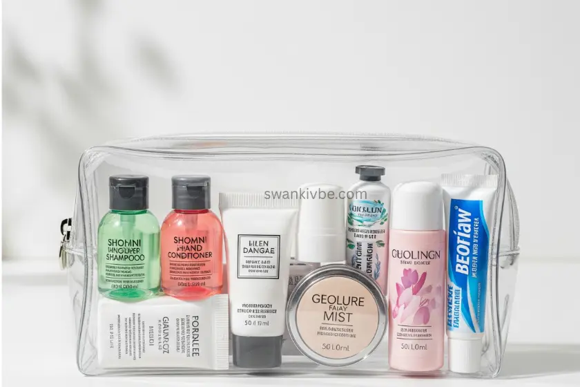 Travel-sized beauty minis in a clear pouch.