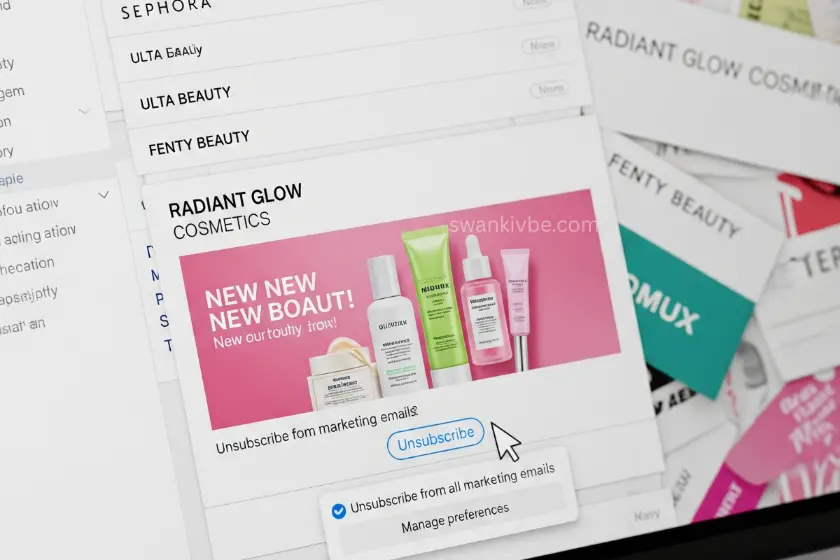  Email inbox with beauty promotions being unsubscribed.