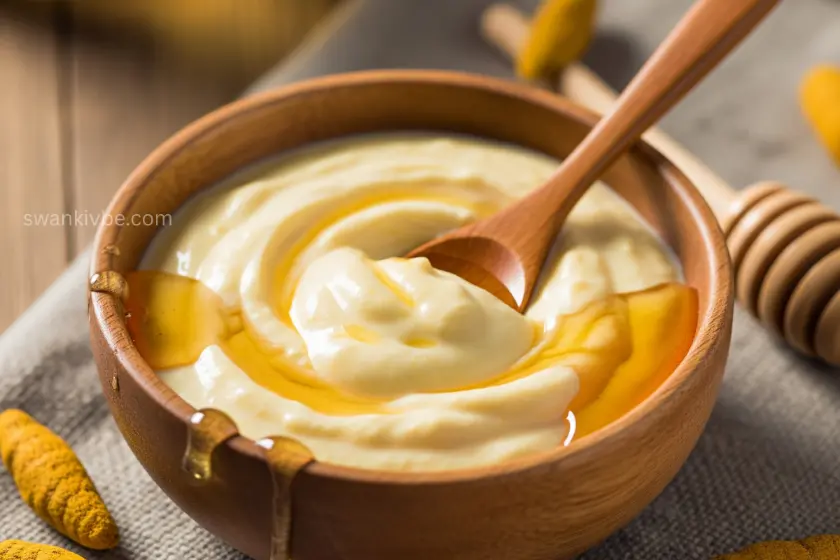 Bowl of honey, yogurt, and turmeric ready for beauty use.