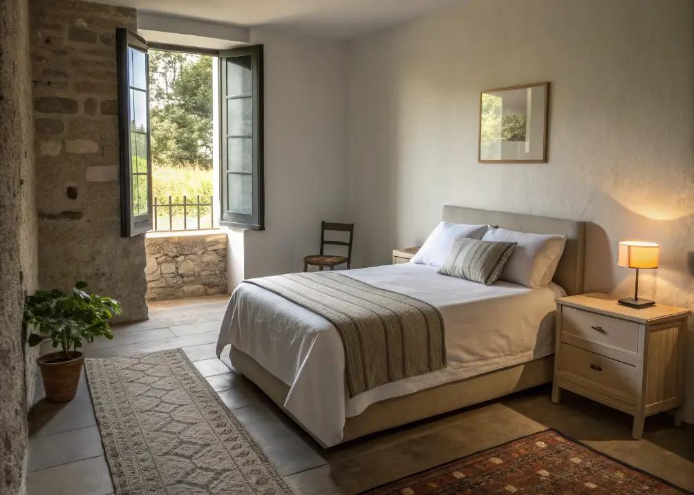  A bed tucked against a wall with a slim nightstand beside it, leaving an open pathway to a window with a small chair in the corner.