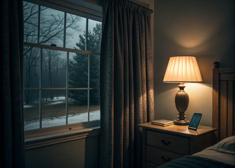 Bedroom with blackout curtains and warm dim light to reduce blue light exposure at night.