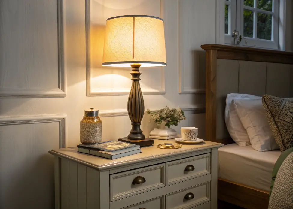  A bedside table with a warm-glow lamp on, plus a floor lamp in the corner—both dimmed.