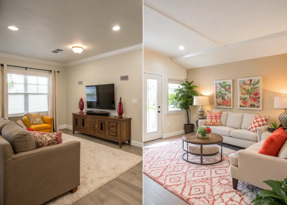 Before and after view of a living room makeover from bland to stylish.