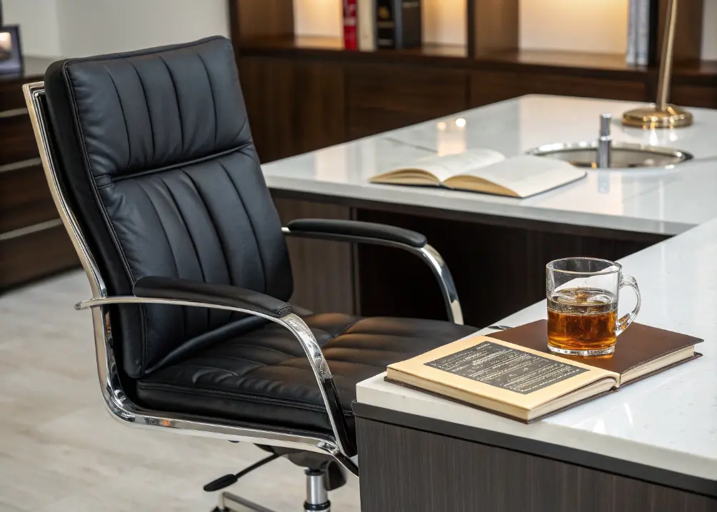 A black leather office chair with chrome accents, positioned at a sleek desk, with a whiskey glass and a book nearby.