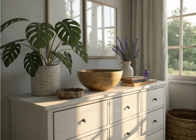 Bedroom vignette with indoor plant and natural materials to create a calming, biophilic feel.