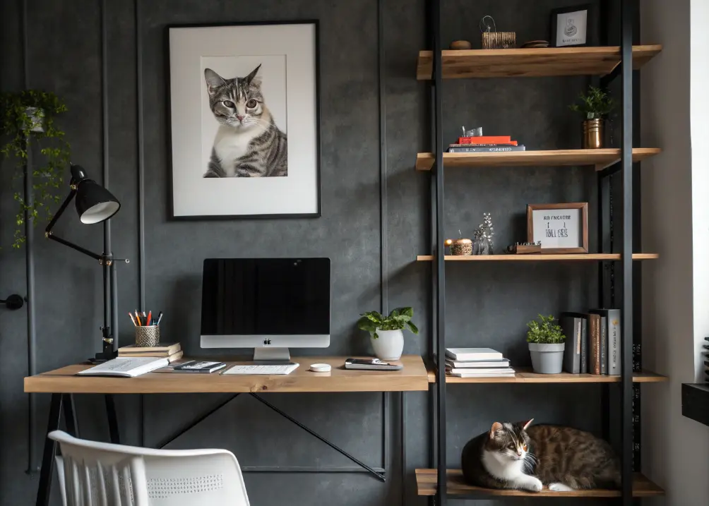 A charcoal accent wall behind a desk, with a minimalist print and industrial shelves