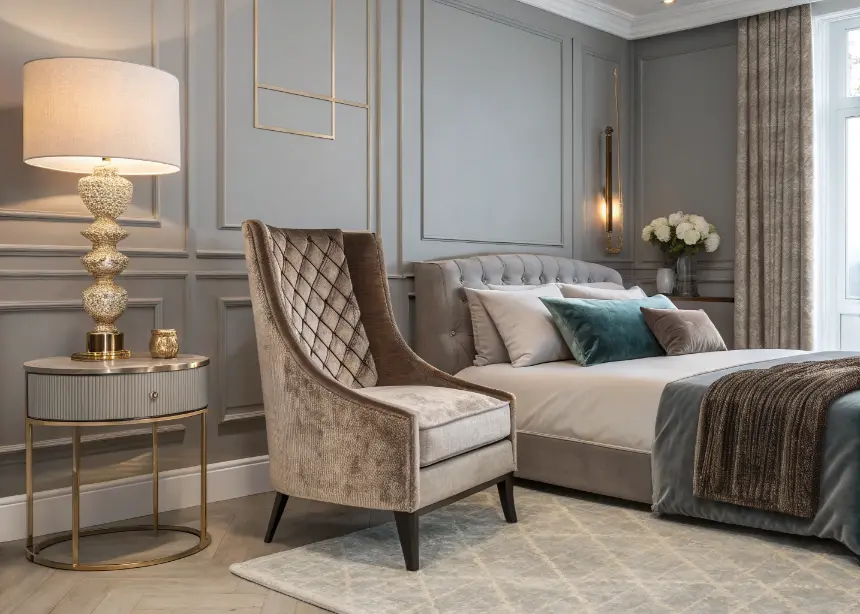 Bedroom with velvet accent chair adding style and comfort.”