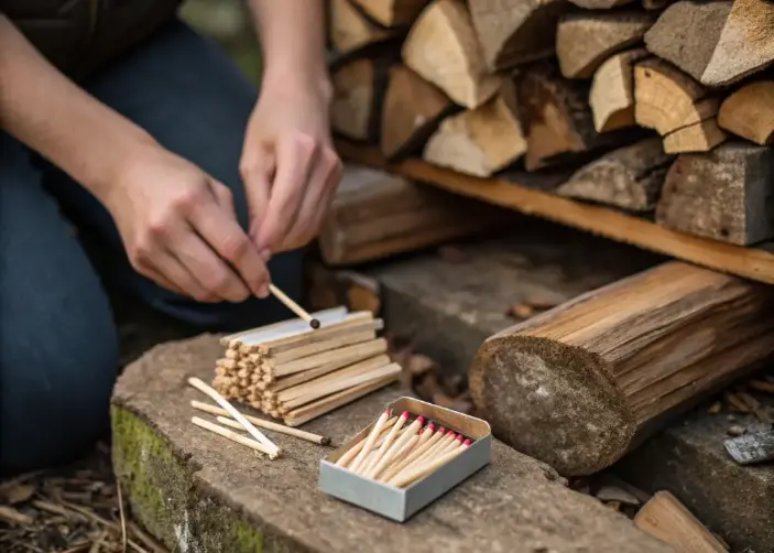 Hands setting up firewood, kindling, and matches for a cozy campfire night.