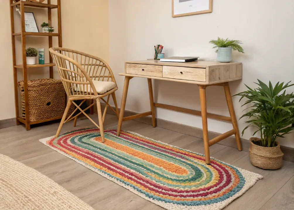 A colorful woven rug under a desk, paired with a rattan chair and a plant, with Luna’s bed nearby, against a beige wall. 