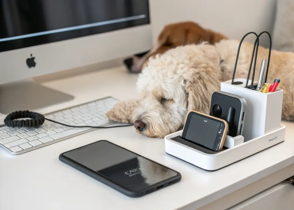 A desk with a sleek cable organizer, a wireless charger, and a monitor stand and a bernedoodle .