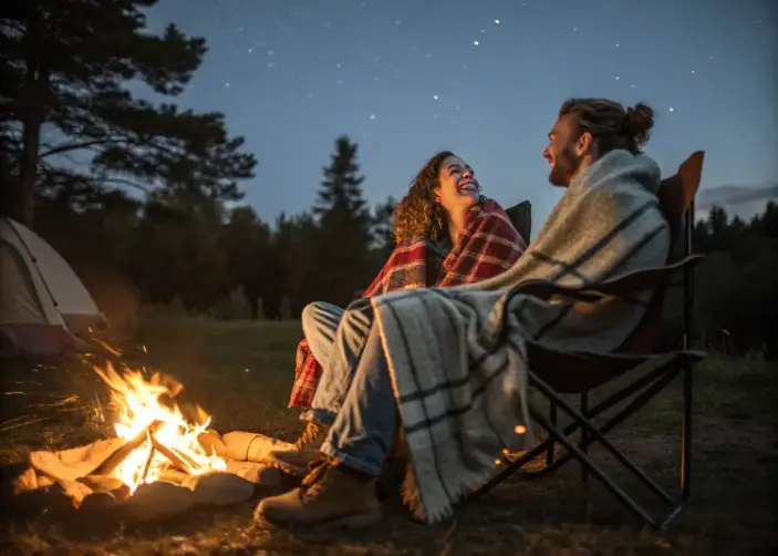 Couple sitting comfortably on camping chairs around a glowing campfire at night.