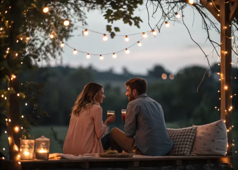A couple sitting outdoor under fairy lights.