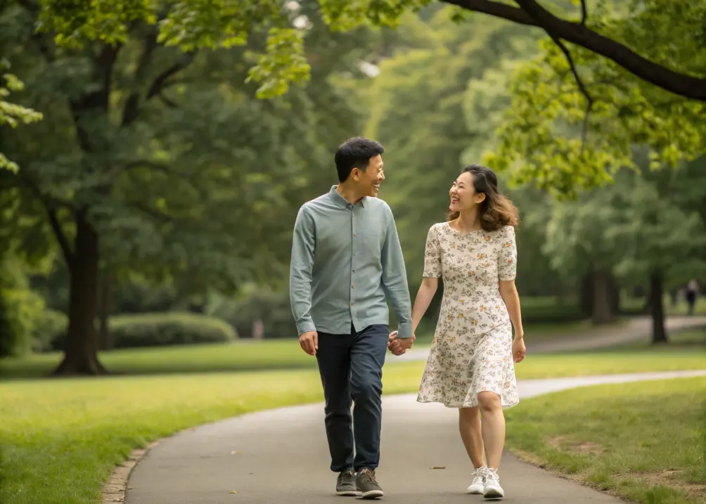 A couple is walking hand in hand in a park.