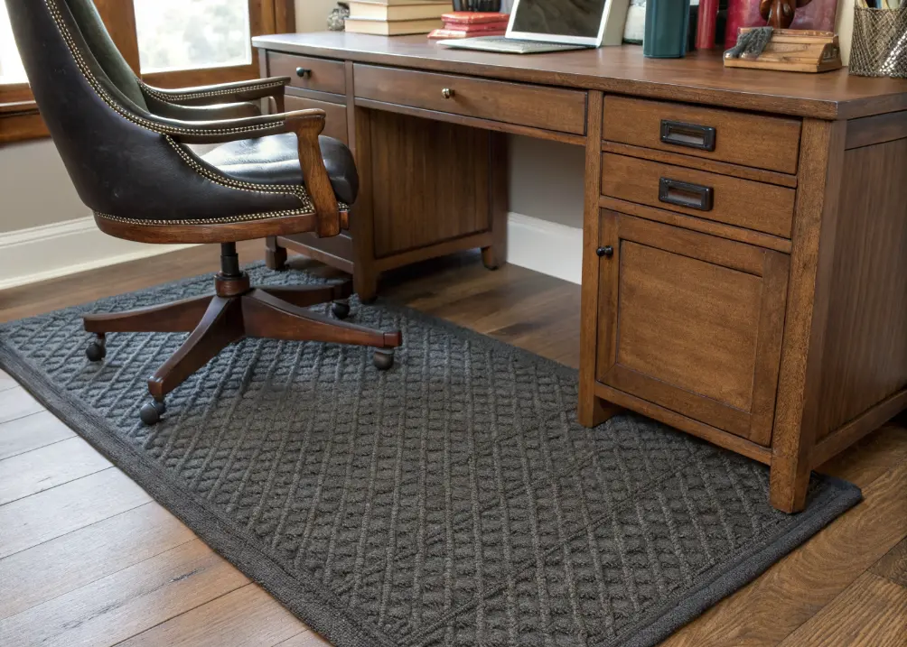 A dark gray woven rug under a desk, paired with a leather chair and a wood desk