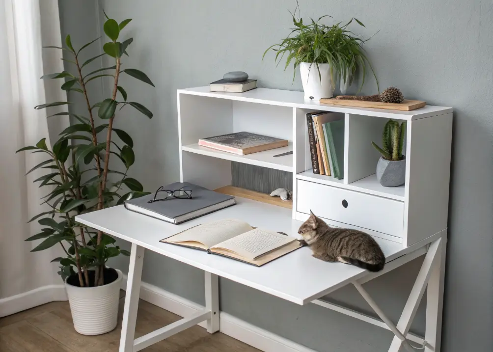 A desk and shelf in white and gray tones, with a single plant and a notebook, set against a light gray wall