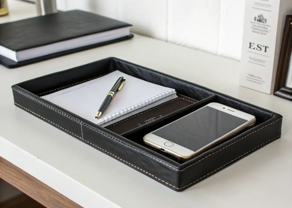 A desk with a black leather tray holding a pen, notepad, and phone, against a clean white wall with a plant nearby.