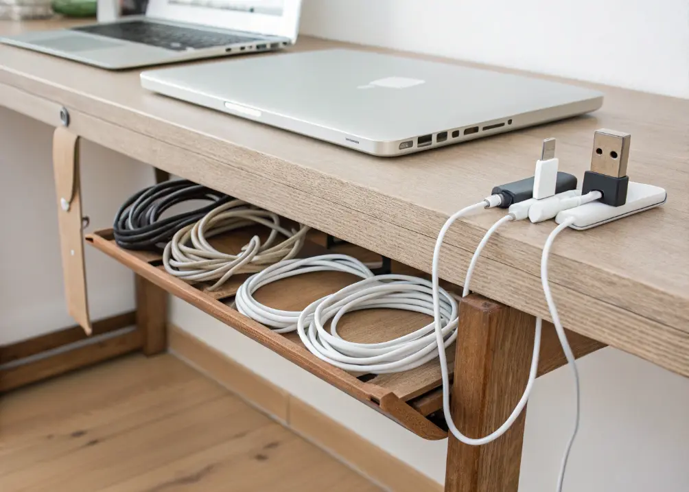 A desk with a cable organizer tucked underneath, holding neatly coiled cords, with a laptop above and a clean backdrop
