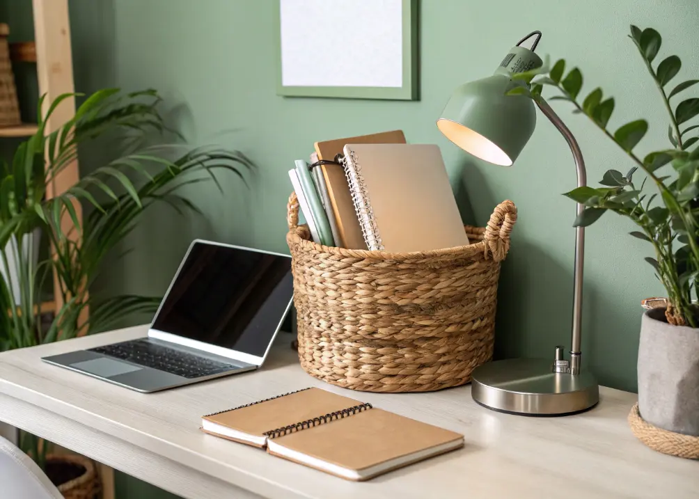 A desk with a woven basket holding notebooks, next to a plant and a lamp, against a sage green wall.