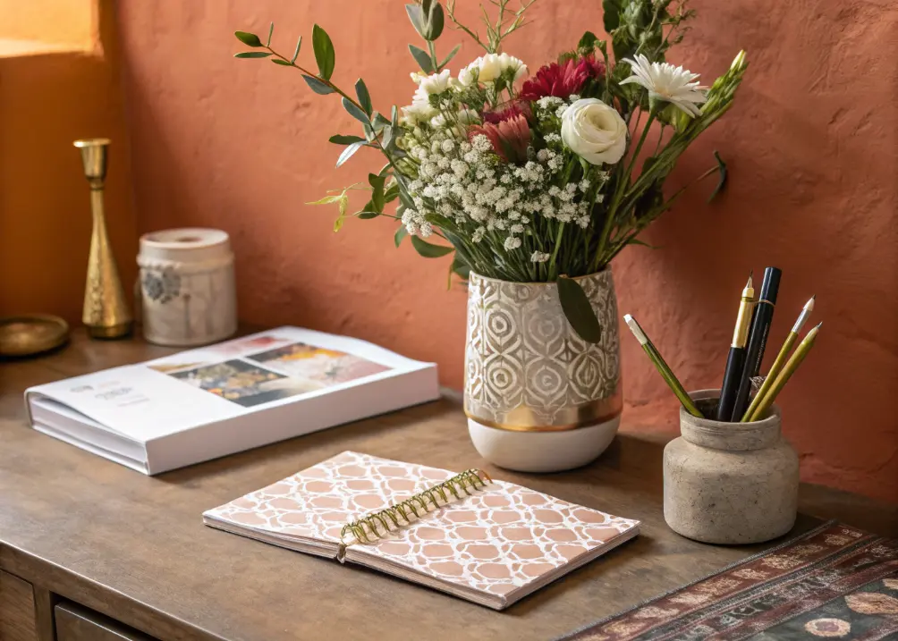 A desk with a ceramic vase, a patterned notebook, and a brass pen holder, against a terracotta wall with Luna nearby