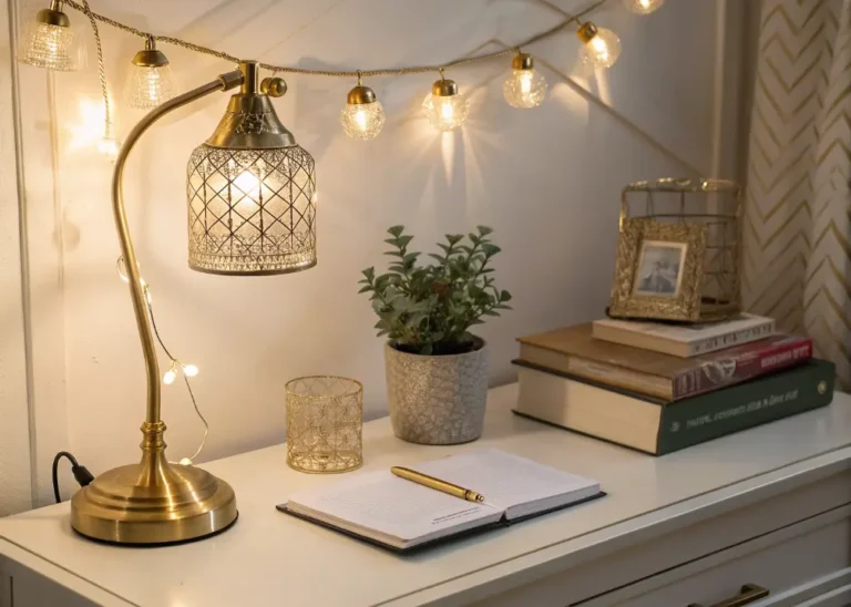 A desk with a gold-accented table lamp casting a warm glow, paired with fairy lights draped over a shelf and a small plant.