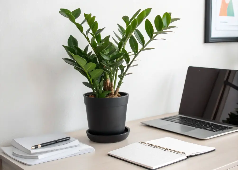 A desk with a single ZZ plant in a matte black pot, next to a laptop and a notepad, against a white wall.