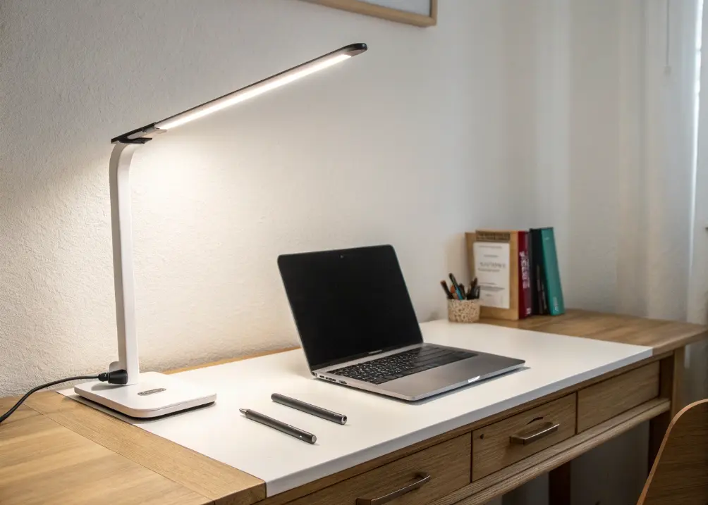 A desk with a slim LED lamp casting a soft glow, paired with a laptop and a single pen, against a white wall.
