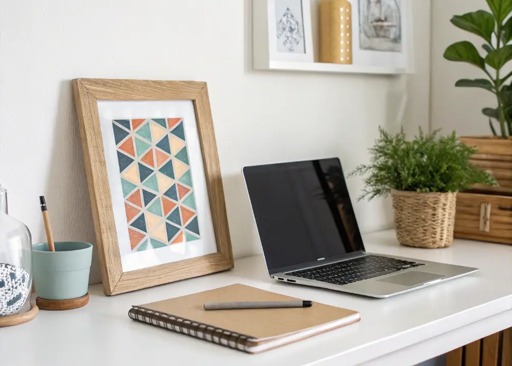 A desk with a small framed geometric print propped against the wall, next to a laptop and a plant