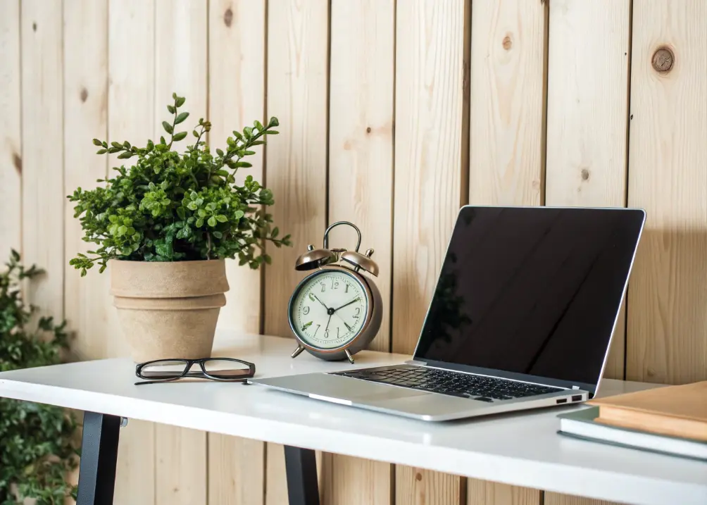 A desk with a small vintage clock next to a laptop and a plant, with Luna lounging nearby, against a light wood wall.