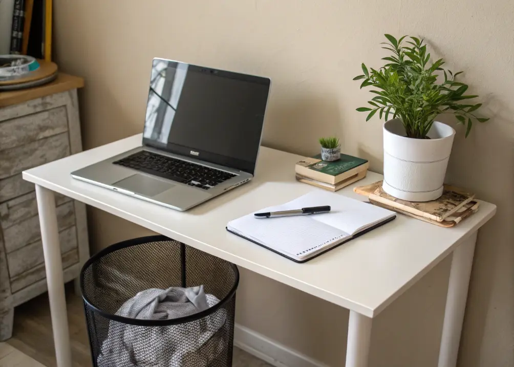 A desk with just a laptop, a pen, and a small plant, with a bin of discarded items nearby, against a neutral wall.